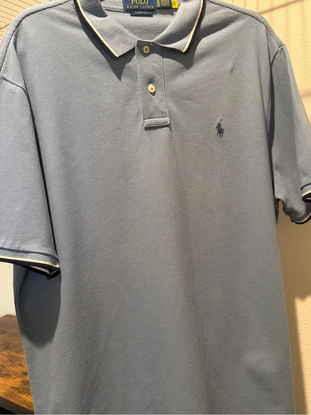 Ralph Lauren Light Blue Polo with Navy Logo and Contrast Trim